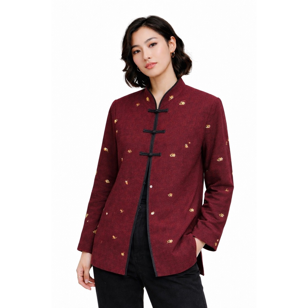 Unbranded Tangzhuang Jacket Women‎ XL Burgundy Floral Embroidered Frog Button